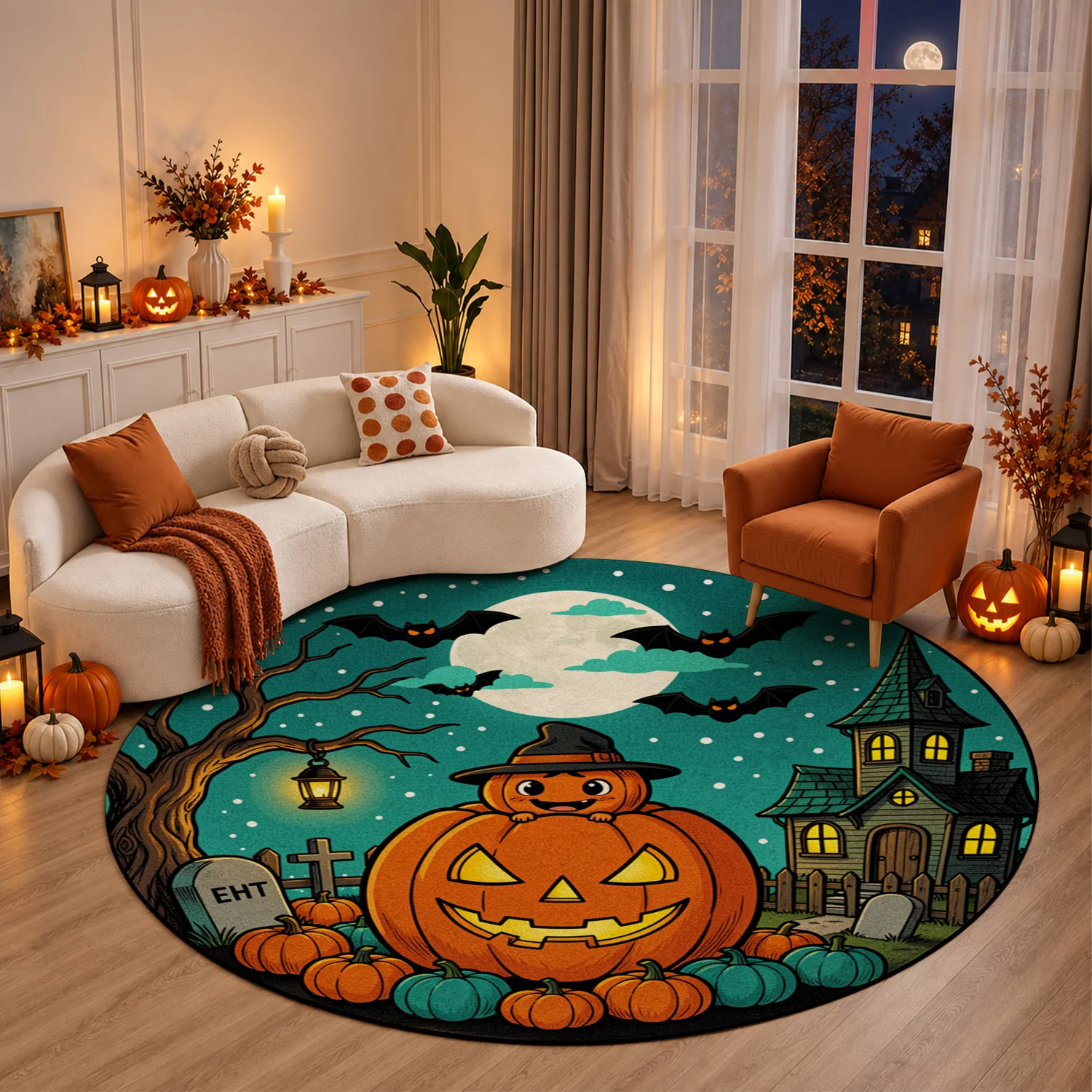 Halloween Jack-o'-lantern Haunted Mansion Bat Moon Pattern Round Velvet Rug, Machine Washable Soft Floor Mat for Living Room Bedroom Entryway Dining Area, Festive Home Decor for Halloween Thanksgiving Christmas New Year, Perfect for Black Friday