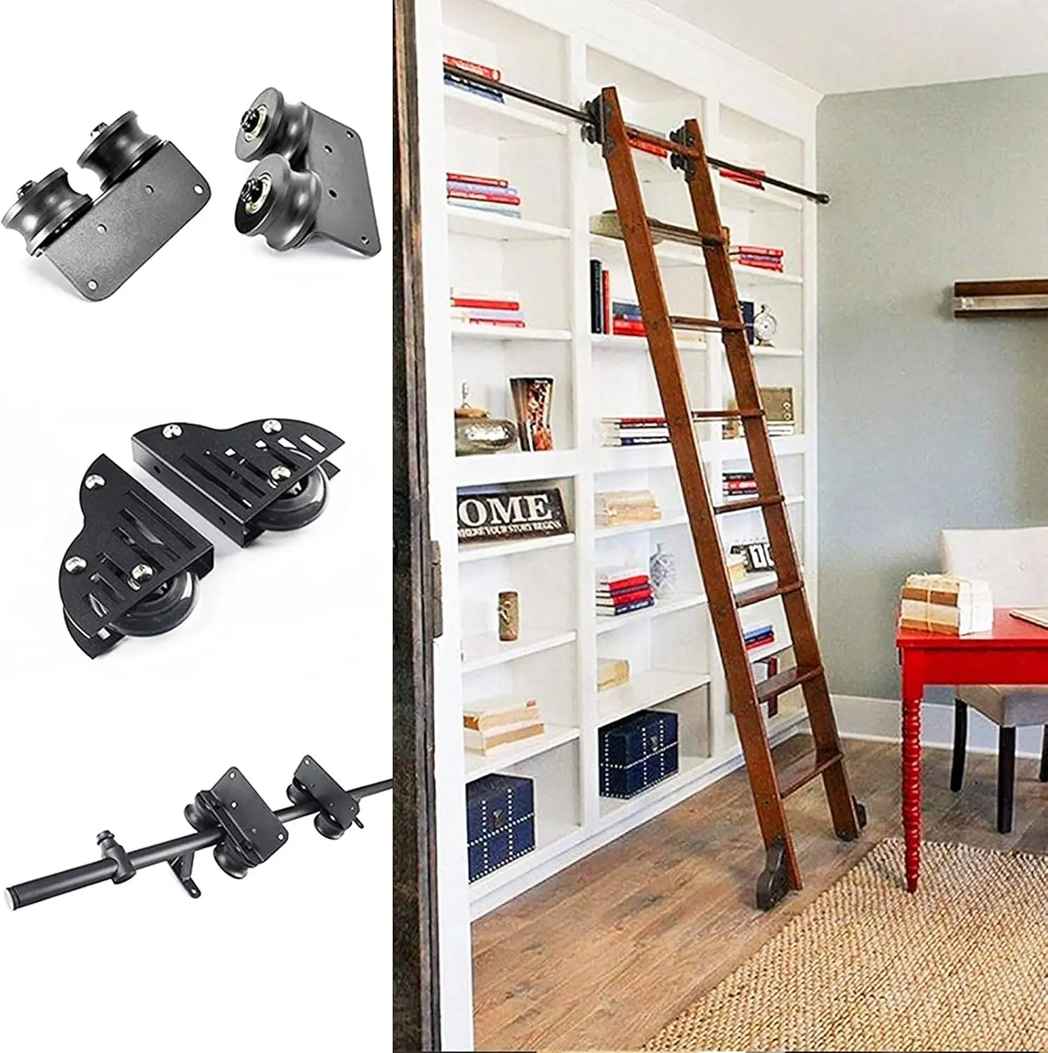 Sliding Barn Door Hardware -With Floor Roller Wheels Extention Round Tube Mobile Track Complete Kit Rolling Ladder Hanging