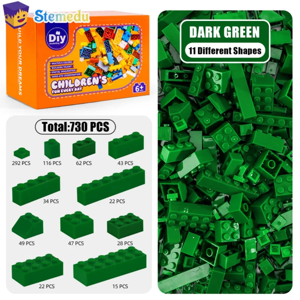 

730 шт. строительные блоки из мелких частиц, смешанные темно-зеленые кирпичи с несколькими перспективами для креативных моделей, совместимые объемные детали для взрослых и детей