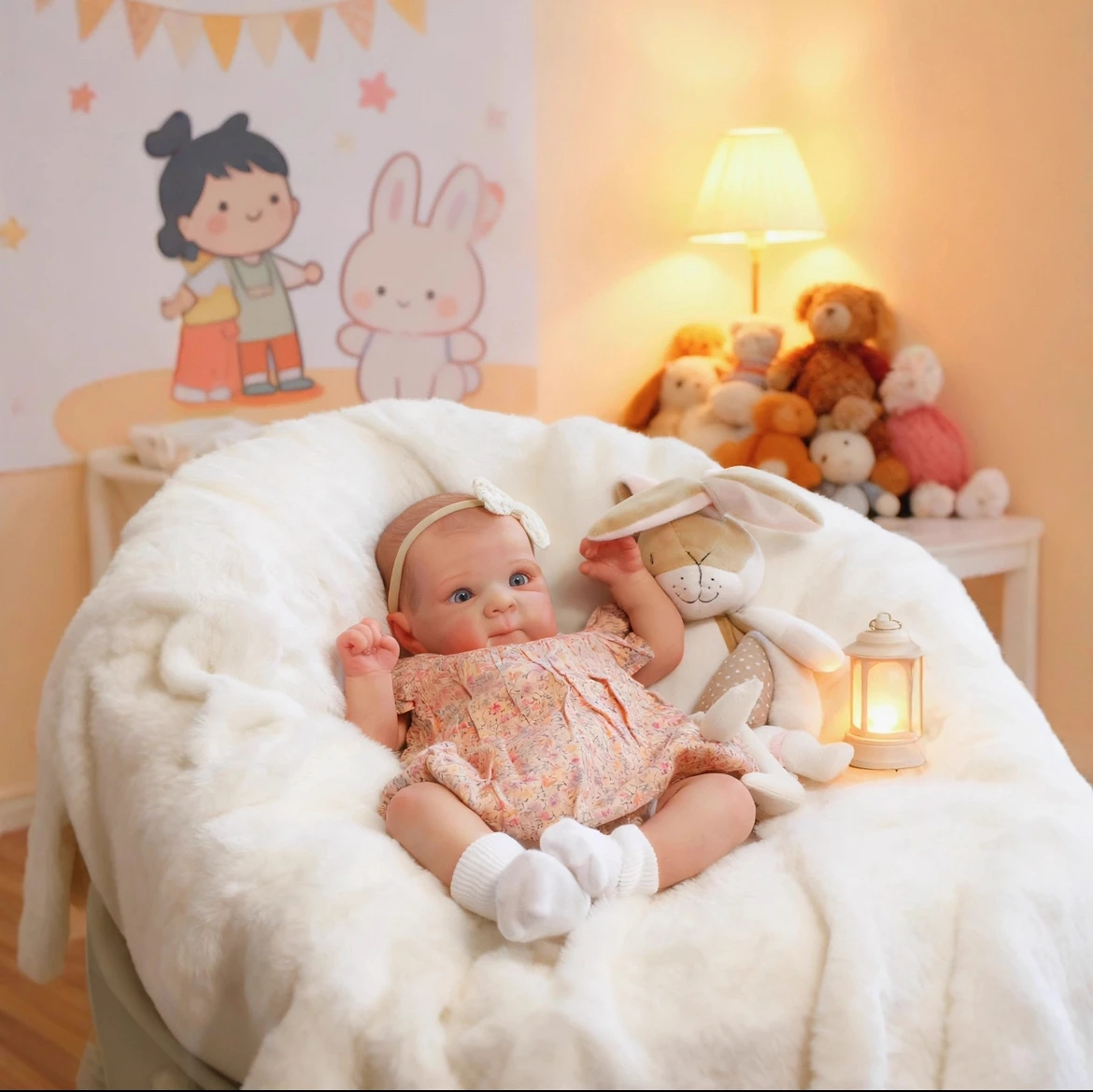 Boneca Reborn de 48cm com Olhos Abertos, Vestindo Macacão com Mangas de Renda e Faixa de Cabelo com Laço, Boneca Realista de Corpo Macio em Vinil para Meninas