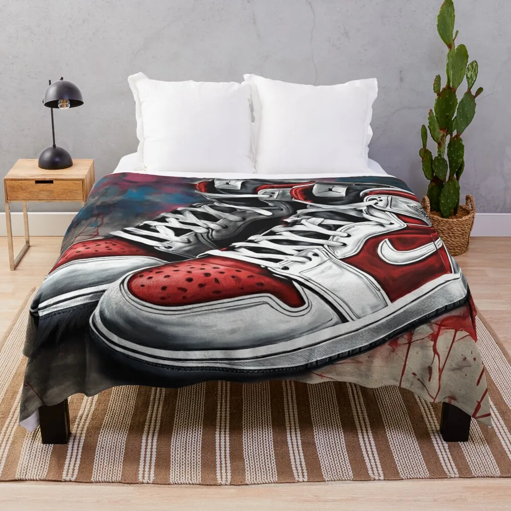 Red Jordan 1 Sneakers with Vibrant Spray Painted Background Art Throw Blanket Flannel Multi-Purpose Blankets