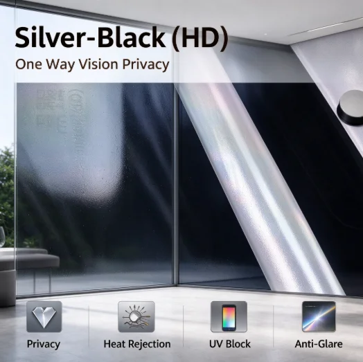 Silver Black HD Privacy Glass Tint Roll PET Material One Way Vision Anti UV Heat Blocking For Residential Office Vehicle Windows