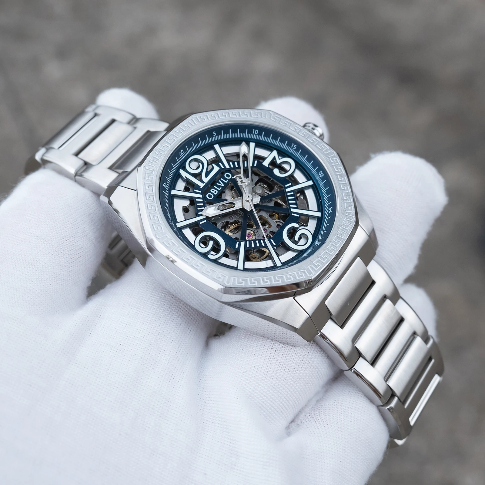 OBLVLO-ساعة أوتوماتيكية من الفولاذ المقاوم للصدأ للرجال، مينا أزرق، هيكل عظمي، ساعة ميكانيكية مقاومة للماء، تصميم جديد، CAM-SK #2