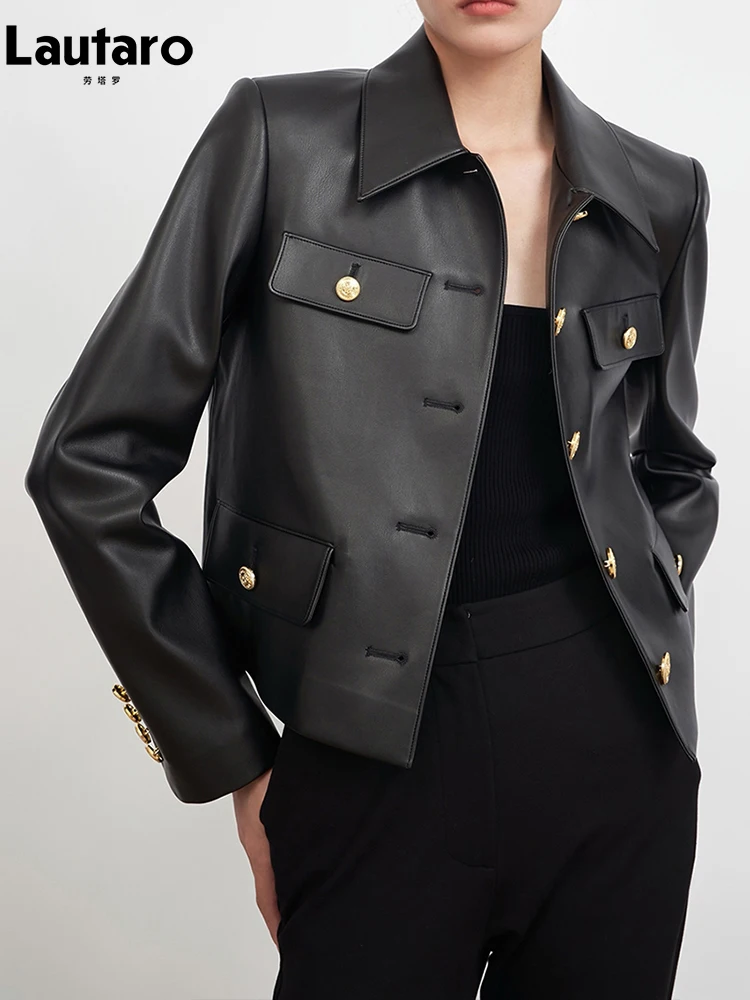 Lautaro Spring Autumn Luxury Elegant Black Pu Leather Jacket Women with Gold Buttons Long Sleeve Runway European Fashion 2024