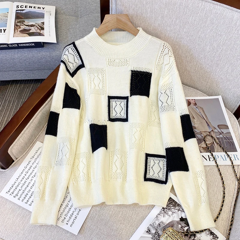 2023 Winter Female O-Neck Loose Lattice hollowing Casual Pullovers Korean Style Women Retro Elegant Street Jumpers Warm Sweaters