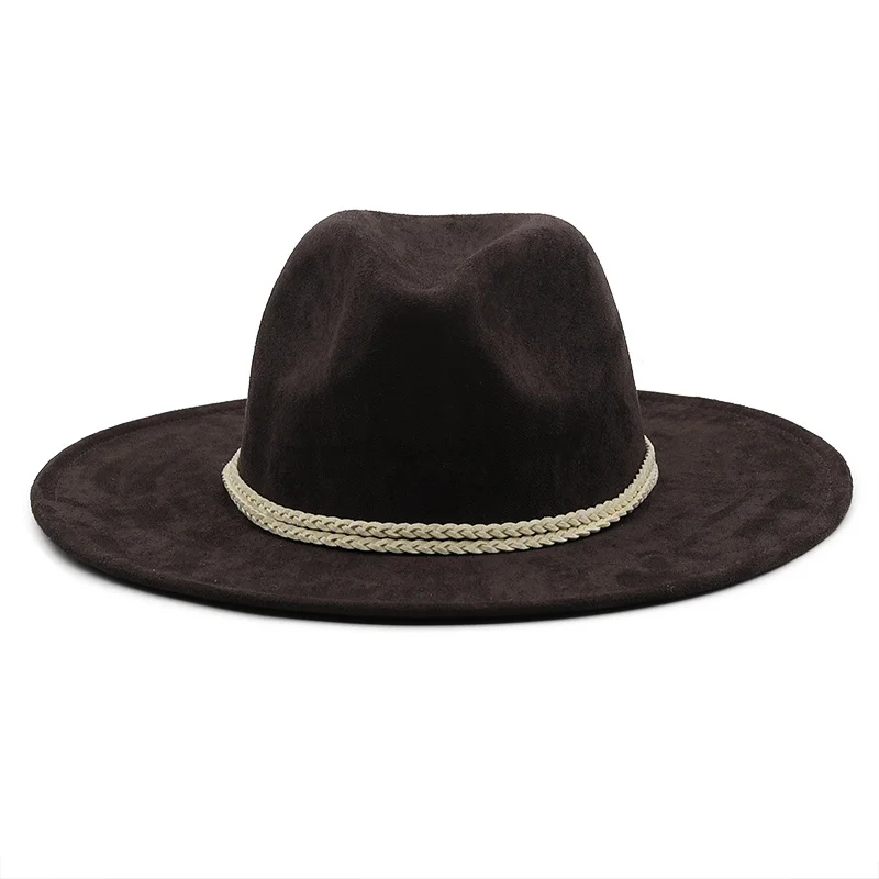 New Suede Fedora Hats for Women 8cm Wide Brim Panama Western Cowboy Hat Winter Jazz Church Sombrero Caps