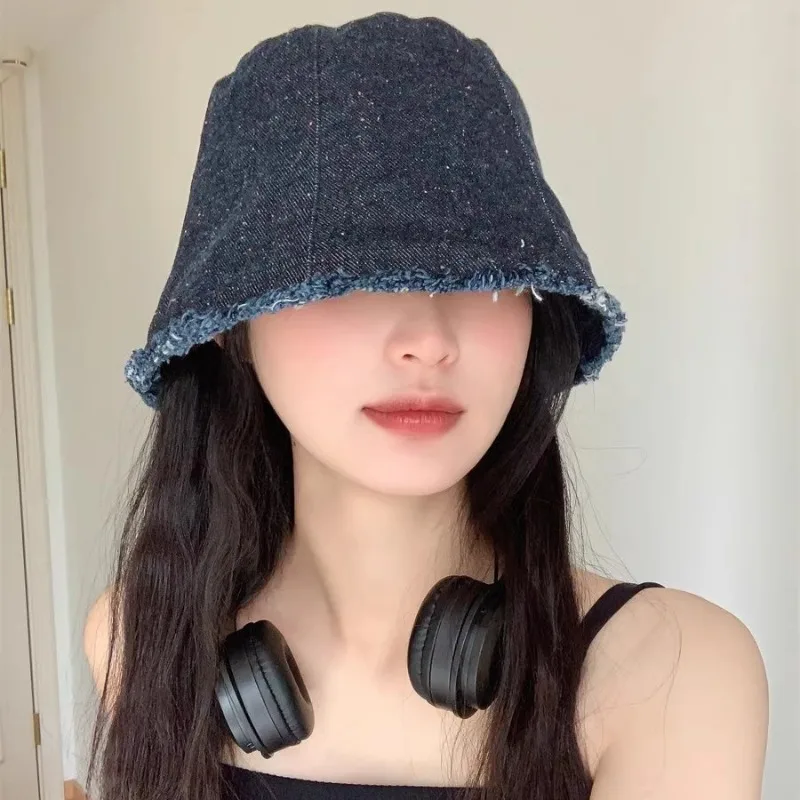 

Korean Version New Small Brim Burr Denim Bucket Hat Women's Spring and Summer Retro Solid Color Casual Basin Hats Sombrero