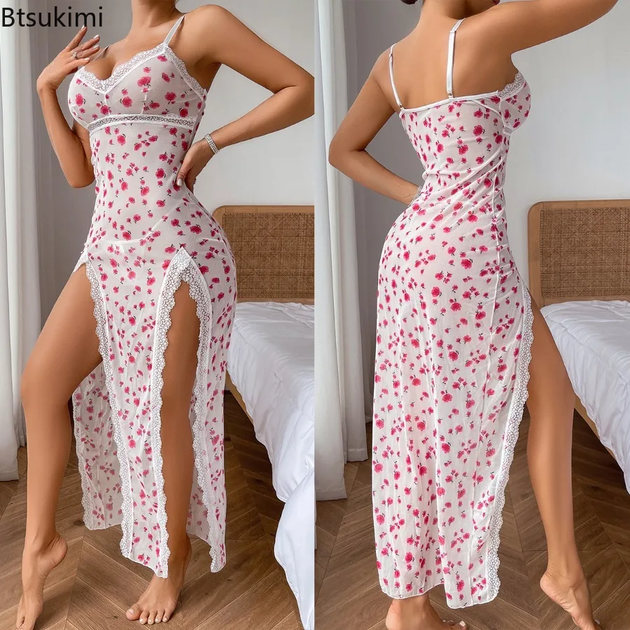 2025 Women's Summer Sexy Leopard Print Nightgown Satin V-Neck Lace Trim Dress Hight Side Slit Contrast Lace Nightgown for Women