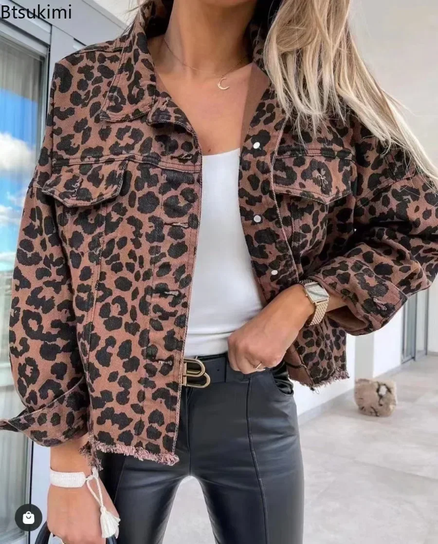 

2024 Women's Leopard Print Denim Jackets Loose Casual Long Sleeve Lapel Coats Ladies Spring Autumn Outerwear Fashion Streetwear