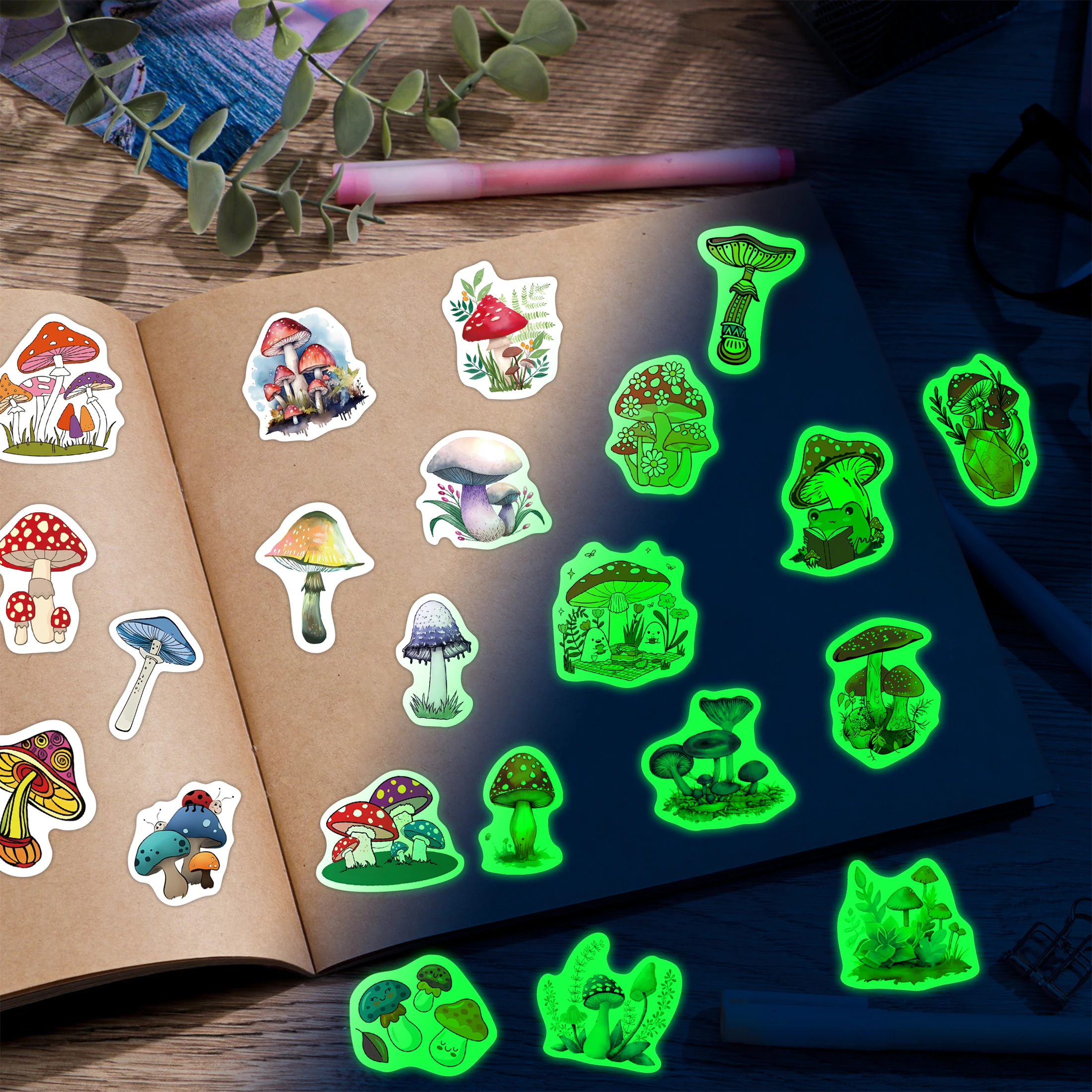버섯 물병 야광 스티커, 비닐 방수 데칼 팩, 노트북 스케이트보드 전화 케이스, 어린이 스티커, 50 개