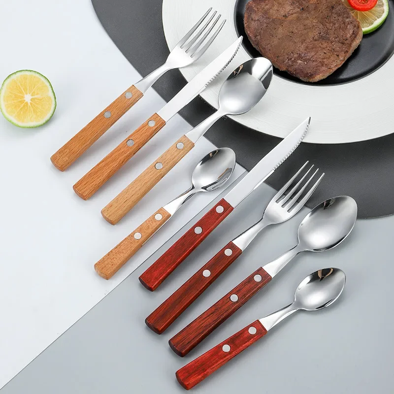 Premium 4-Piece Stainless Steel Cutlery Set with Wood Handles - Ideal for Dining, Desserts, and Kitchen Supplies