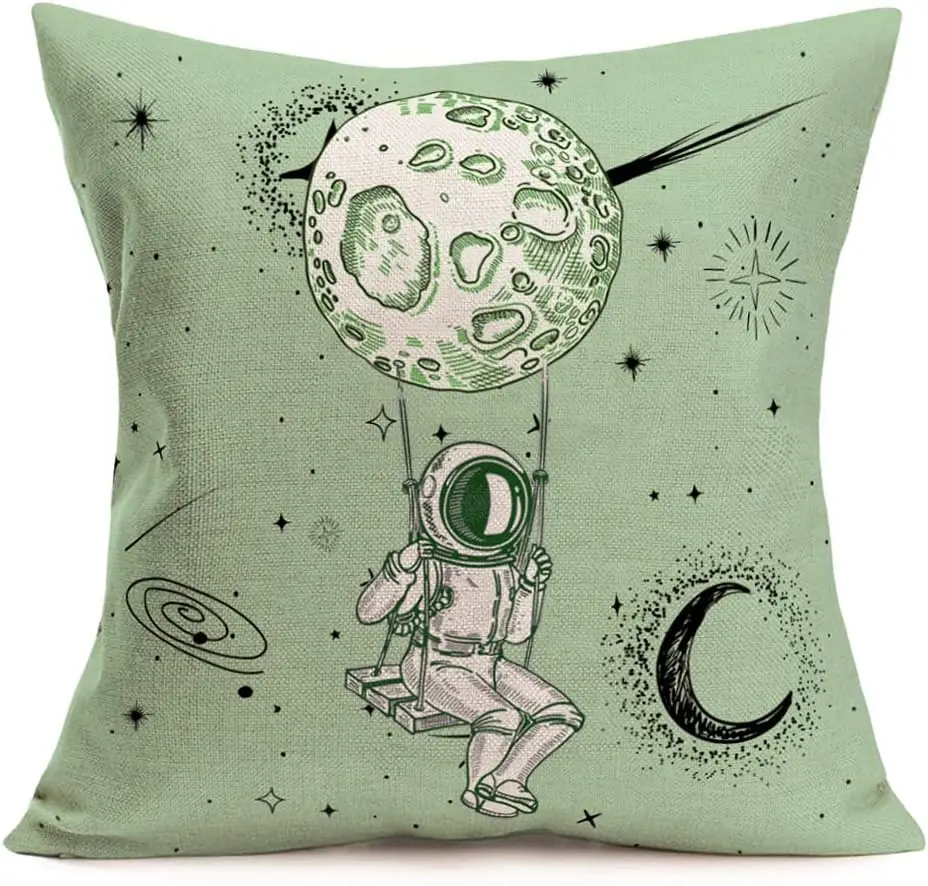 Outer Space Pillow Case Astronaut Landing on the Moon Cartoon Design Pillow Cover Square Cushion Cover Sofa Bed Decoration