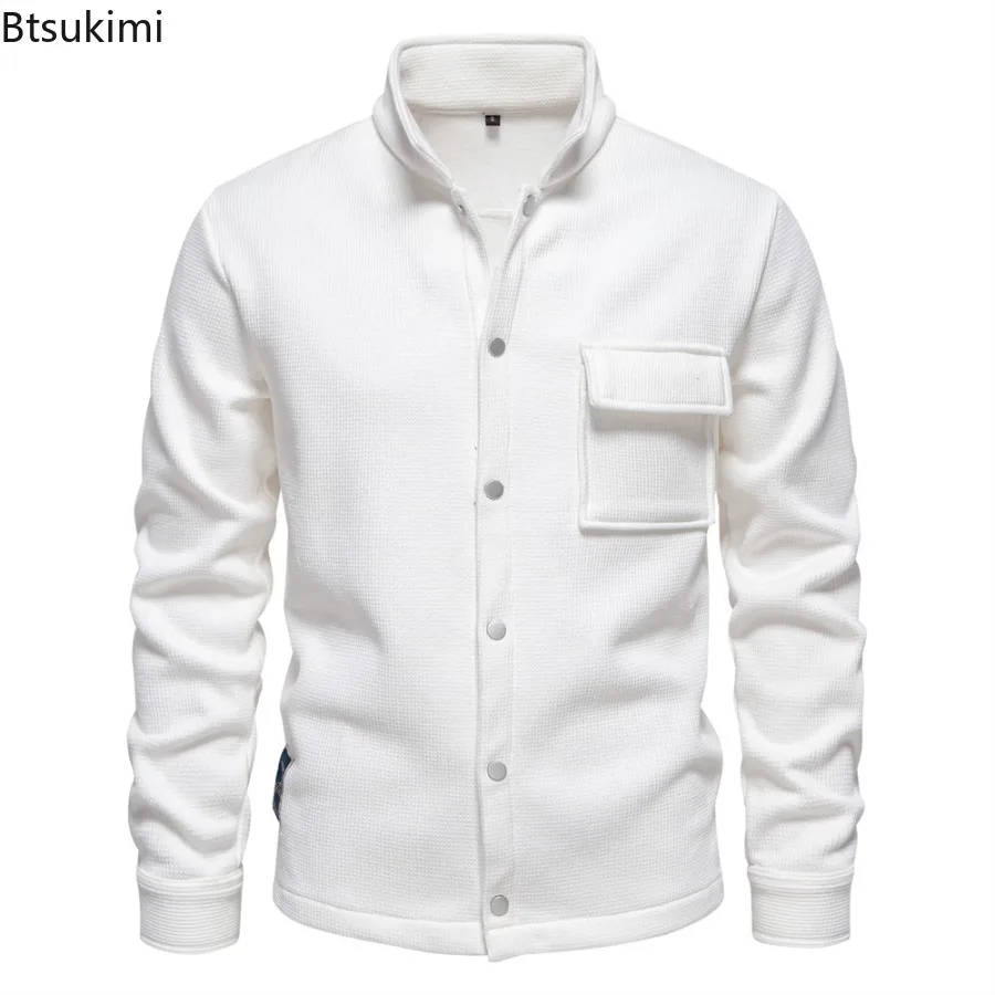Autumn Winter Mens Waffle Fleece Lined Thick Warm Jacket Lapel Collar Cardigan Jacket Coat Solid Color with Pockets Jacket Tops