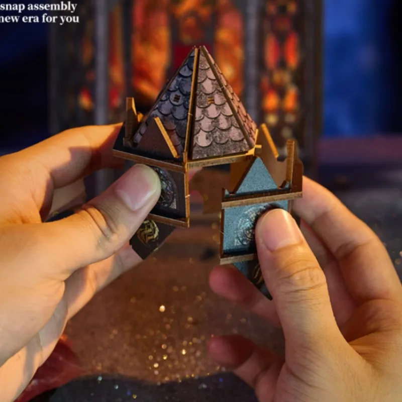 OUZEY ゴシック建築ブックヌック、ドラゴン尖塔DIY木製模型キット、LEDライト付き中世風本棚デコレーション