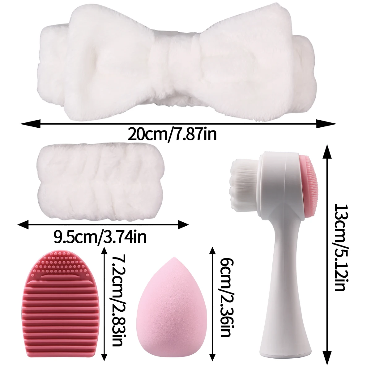6-piece skin care and cleansing set:white bow hair band+wrist strap+double-sided cleansing brush+makeup egg + washing tools