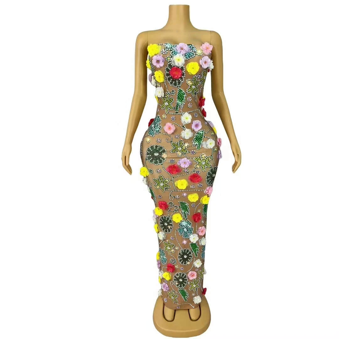 

Colorful Floral Rhinestones Strapless Dress Celebrity Singer Stage Catwalk Performance Costume Birthday Prom Party Long Dresses