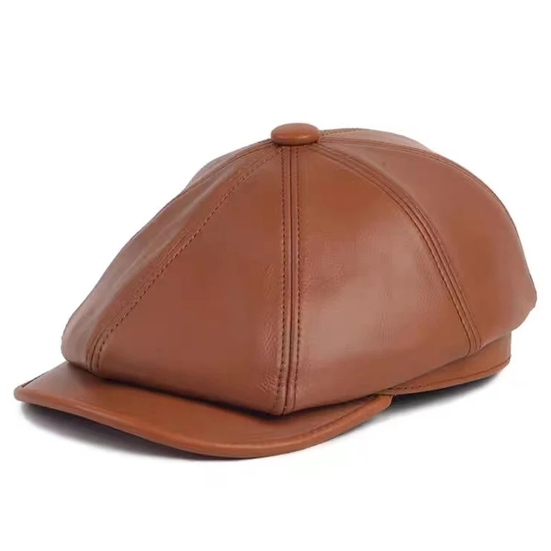 

Goatskin Leather Beret Caps Men Genuine Leather Letters Octagonal Hats Male Retro Newspaper Gatsby Boina Hombre