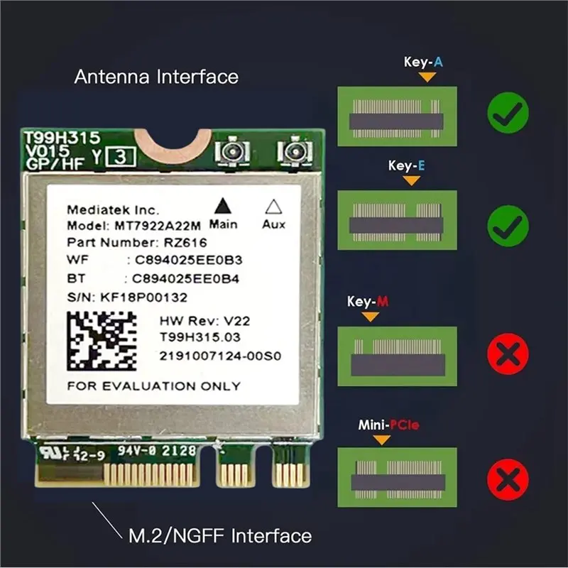 Reliable-MT7922 Wifi 6E Wireless LAN Card 2400Mbps Wifi Network Card 2.4G 5G 6G 802.11AX Bluetooth 5.3 MU-Mimo M. 2 NGFF Adapter