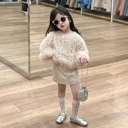 Autumn Children's Clothing Sets Korean Girls' Fake Ostrich Fur Top+ Temperament Glitter Sparkling Half Length Skirt Kids Suits
