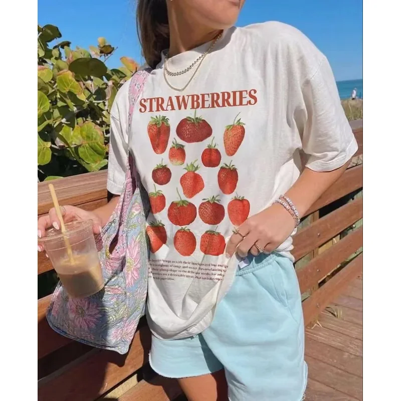 Camiseta ajustada con estampado de fresa dulce y picante retro de calle alta para mujer y2k Harajuku moda pareja camiseta holgada informal