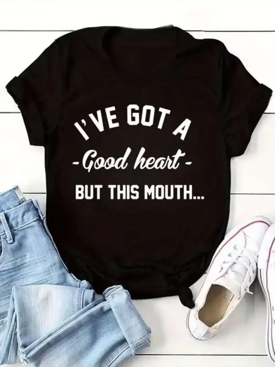 2026 Fashion New Arrival Women Crew Neck Short Sleeve T-Shirt, Humorous I've Got A Good Heart Text Graphic Print Casual Daily Outfit Basic Top T-Shirt