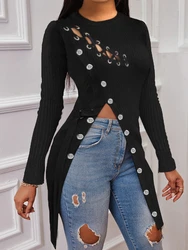 Elegant Women Blouse for Streetwear Side Bandage Design Button Decor O-Neck Long Sleeve Solid Autumn Slim Pullovers Top Shirts