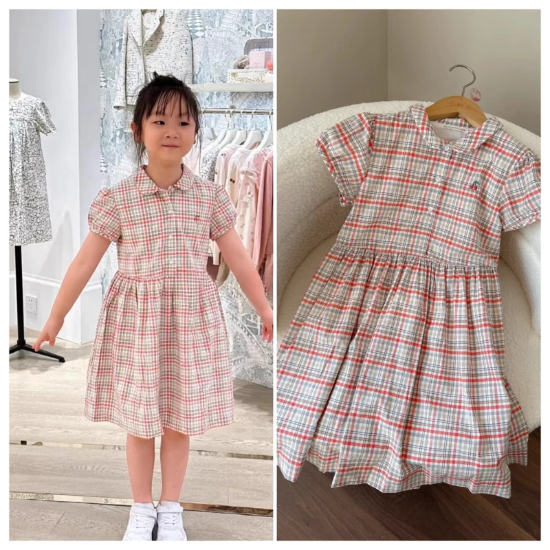 Embroidered Smocked Top Long Sleeve T-Shirt Princess Outfit Kids Clothes Girls Floral Cotton Dress Checkered Kids Flower Dresses