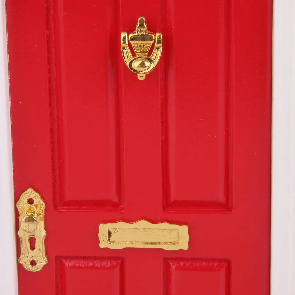 Dolls House Miniature Red Exterior Wood Door 6-Panel with Handle Knocker