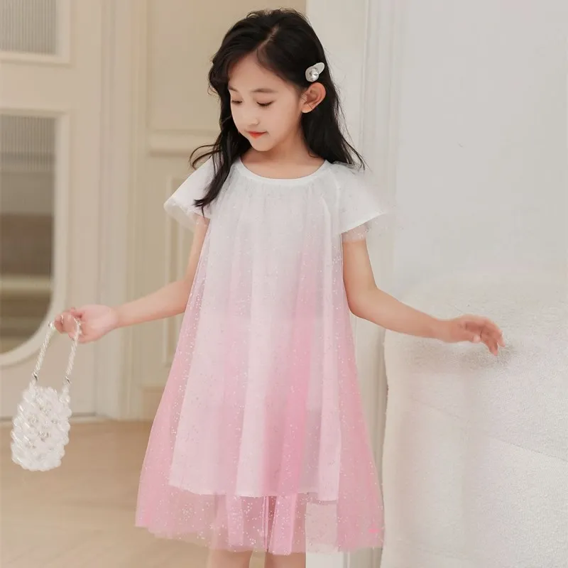 2023 Fashion Summer Girl Party Dress Princess Pink Dress Children Mesh Dresses Teenager Girl Luxury Clothing