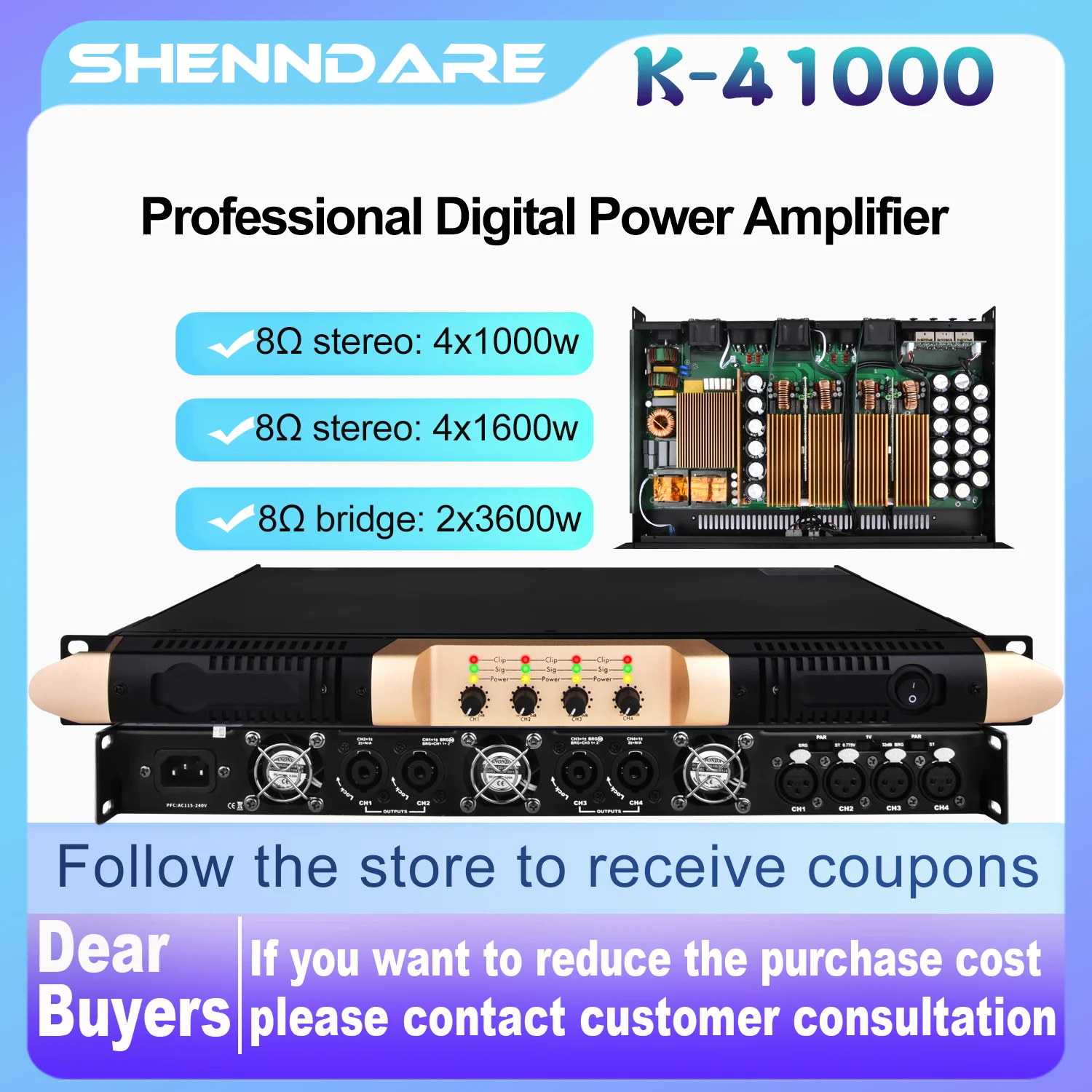 مكبر صوت احترافي ShennDare k-4100 بقوة 4x1000 واط 8 أوم ومضخم صوت 4x1600 واط 4 أوم ومكبر صوت DJ ومضخم صوت رقمي مسبق التضخيم 4 قنوات لمرحلة الكاريوكي المنزلية
