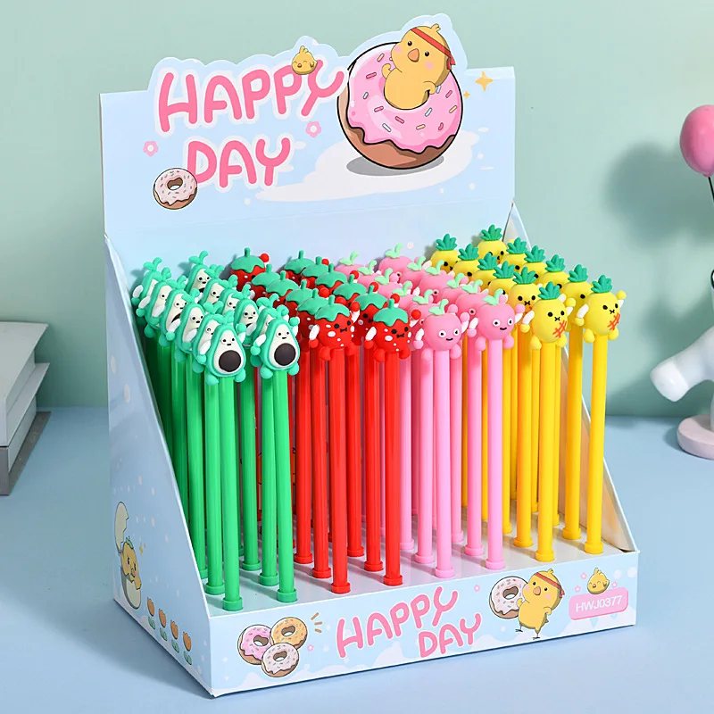 

48 Pcs with Box Cute Fruit Doll Cartoon Student Neutral Pen Black Carbon Waterborne Pen Creative Learning Stationery Prizes