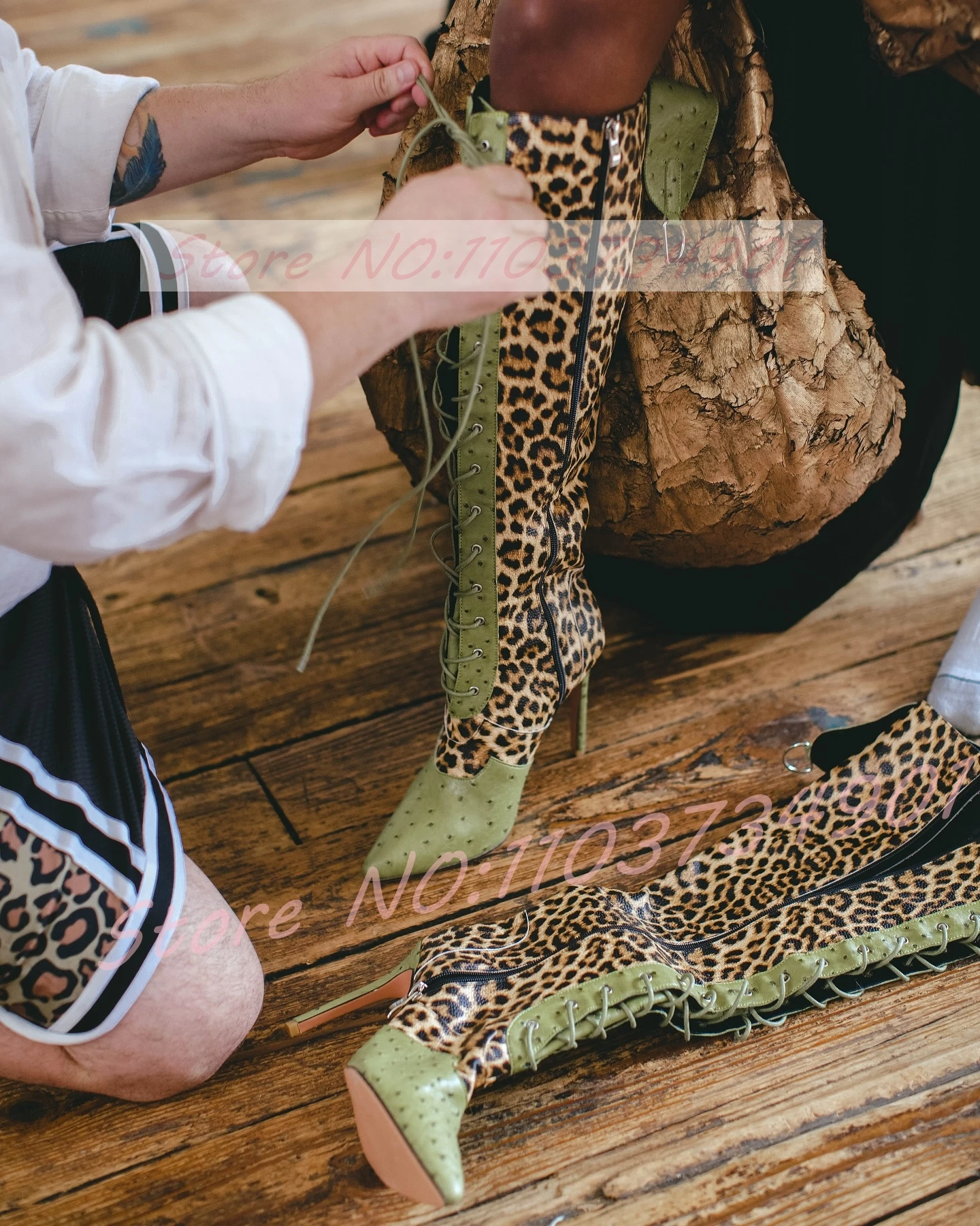 Green Ostrich Leather Leopard Knee High Boots Women Patchwork Pointed Toe Lace-Up High Heels Boots Female Fashion Festival Boots
