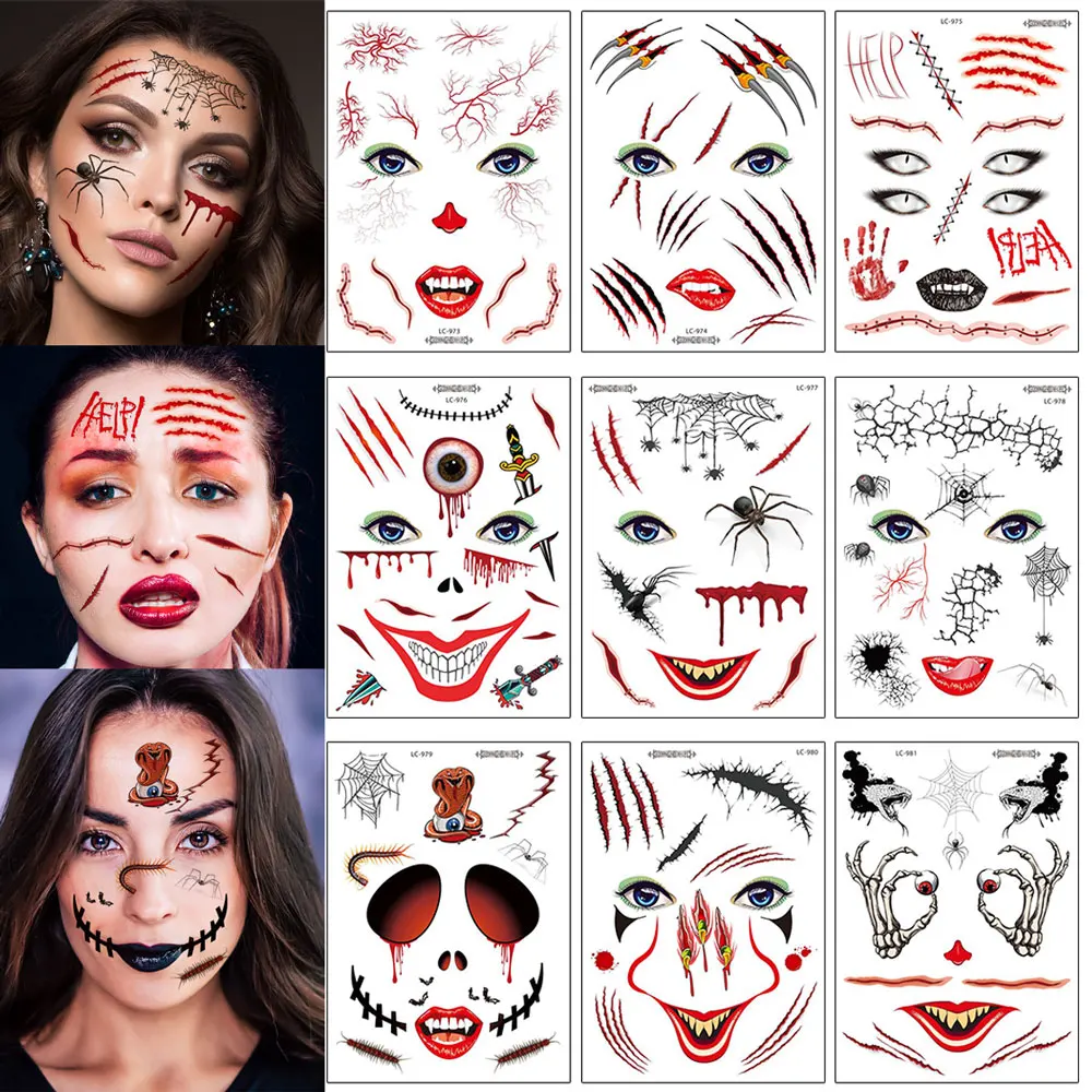 Fake Scars Halloween Temporary Tattoo for Face Makeup Waterproof Spider Wound Horror Realistic Tattoo Sticker for Men Women