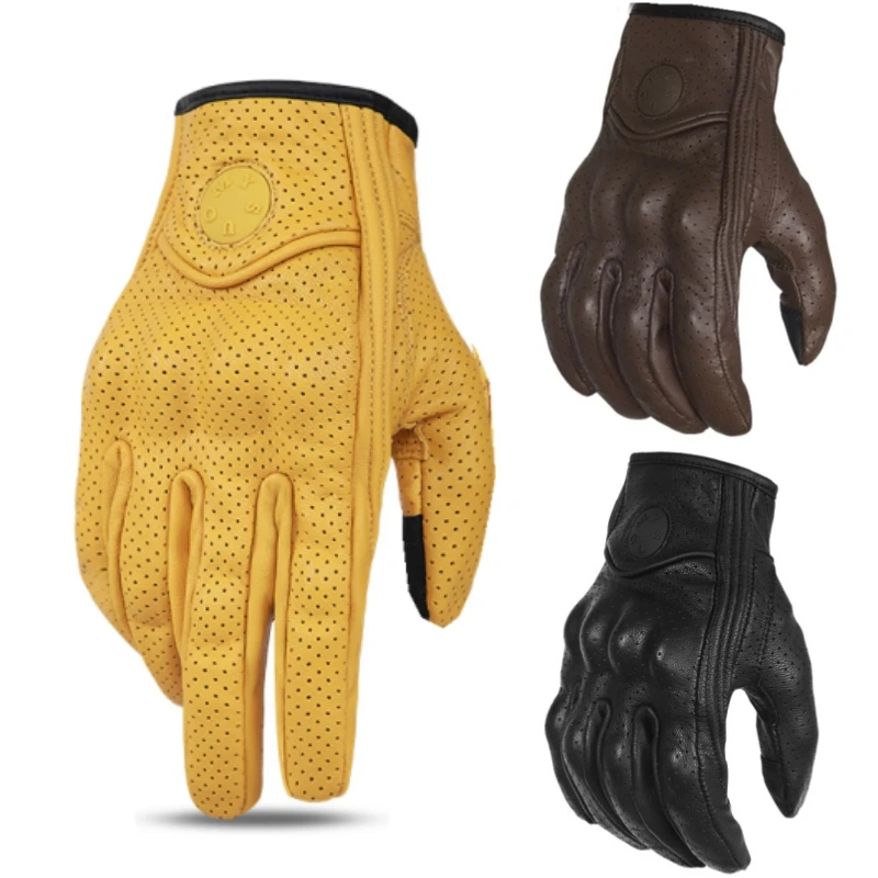 SUOMY Vintage Leather Motorcycle Gloves Perforated Breathable Touch Screen Motorbike Gloves Retro Motorcross Moto Biker Gloves