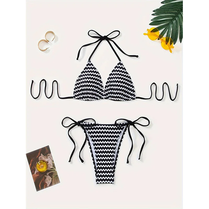 

2025 Retro Striped Sexy Two-Piece Swimsuit New Tight Strap Deep V High-End Bikini