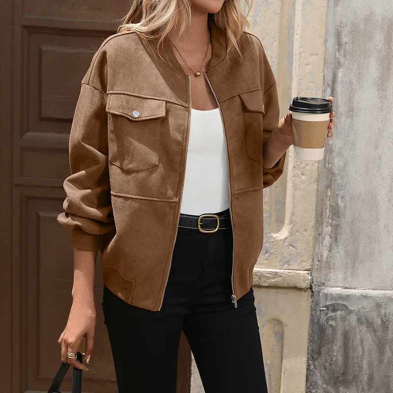 Chic 2026 Korean Retro Tooling Style Short Jackets Outwear Female Coats Outwear Bomber Imitation Suede Baseball Jacket Women Y2K
