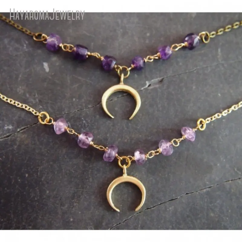 

NM45072 Halloween Raw Amethyst Choker Necklace Layering Short Crystal February Birthstone Moon Jewelry for Women