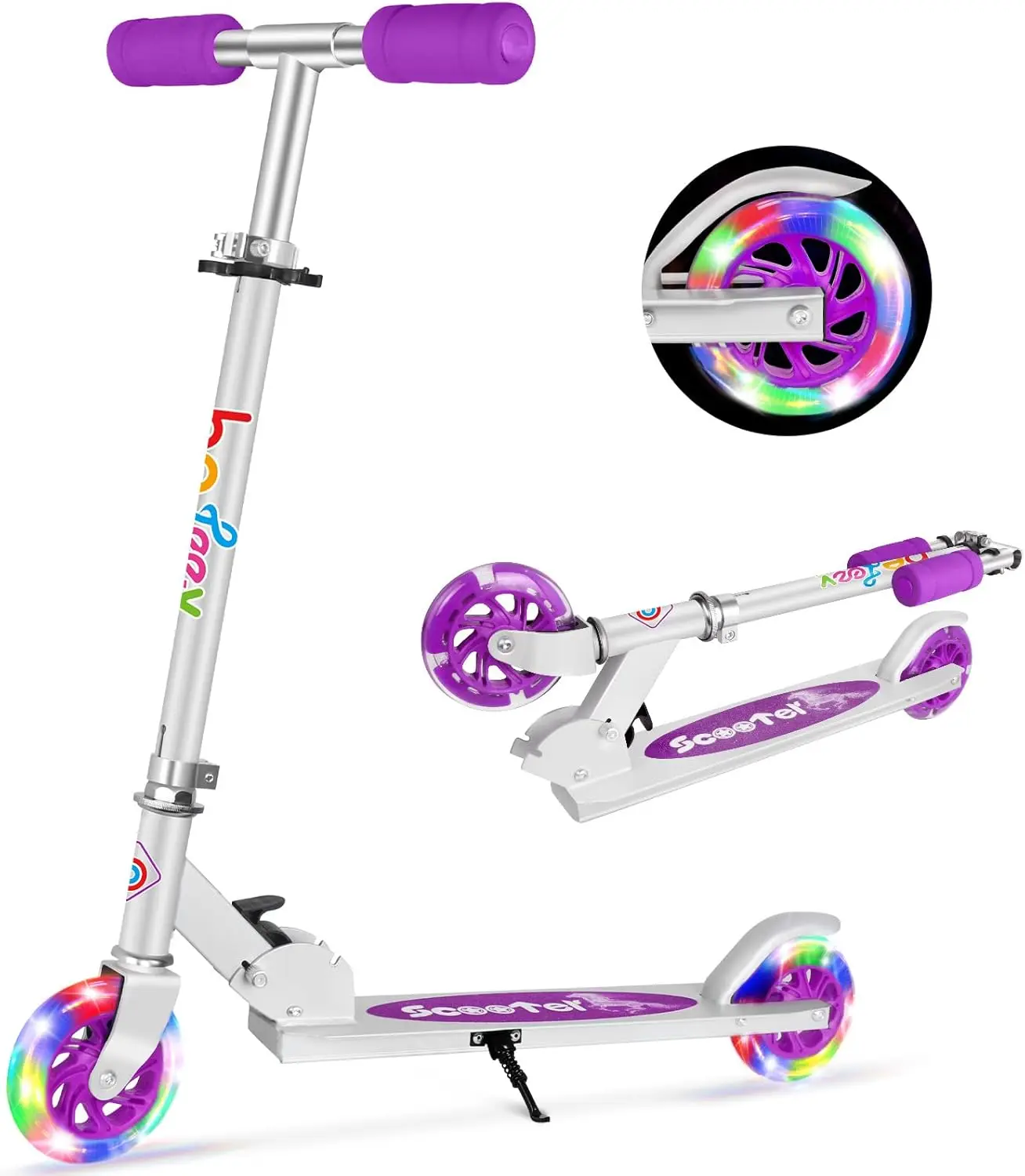 Scooters for Kids, 2 Wheel Folding Kick Scooter, Purple, 3 Adjustable Height, Light Up Wheels, Lightweight Scooter with S