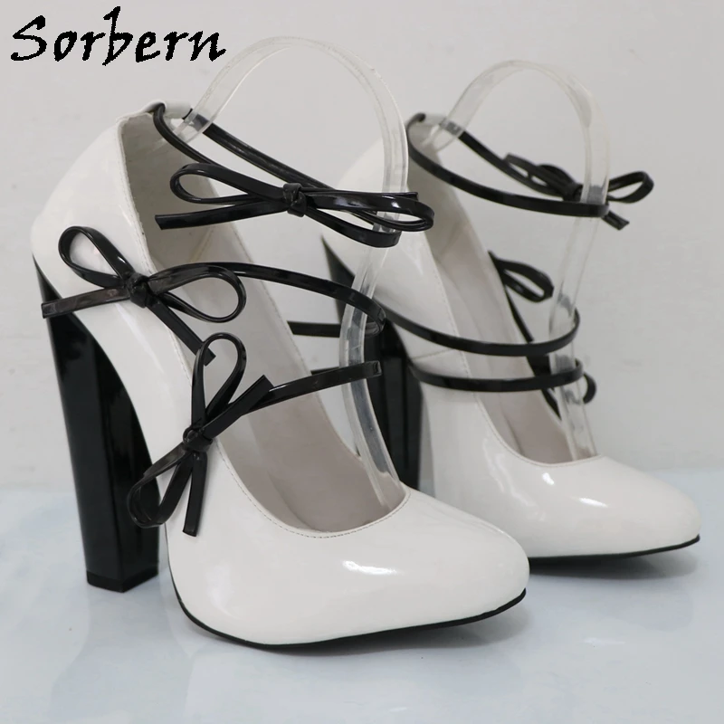 Sorbern Vintage Large Size Eu47 Women Pump Shoes String Bowknot Ankle Strap Round Toe Block High Heel Custom Colors