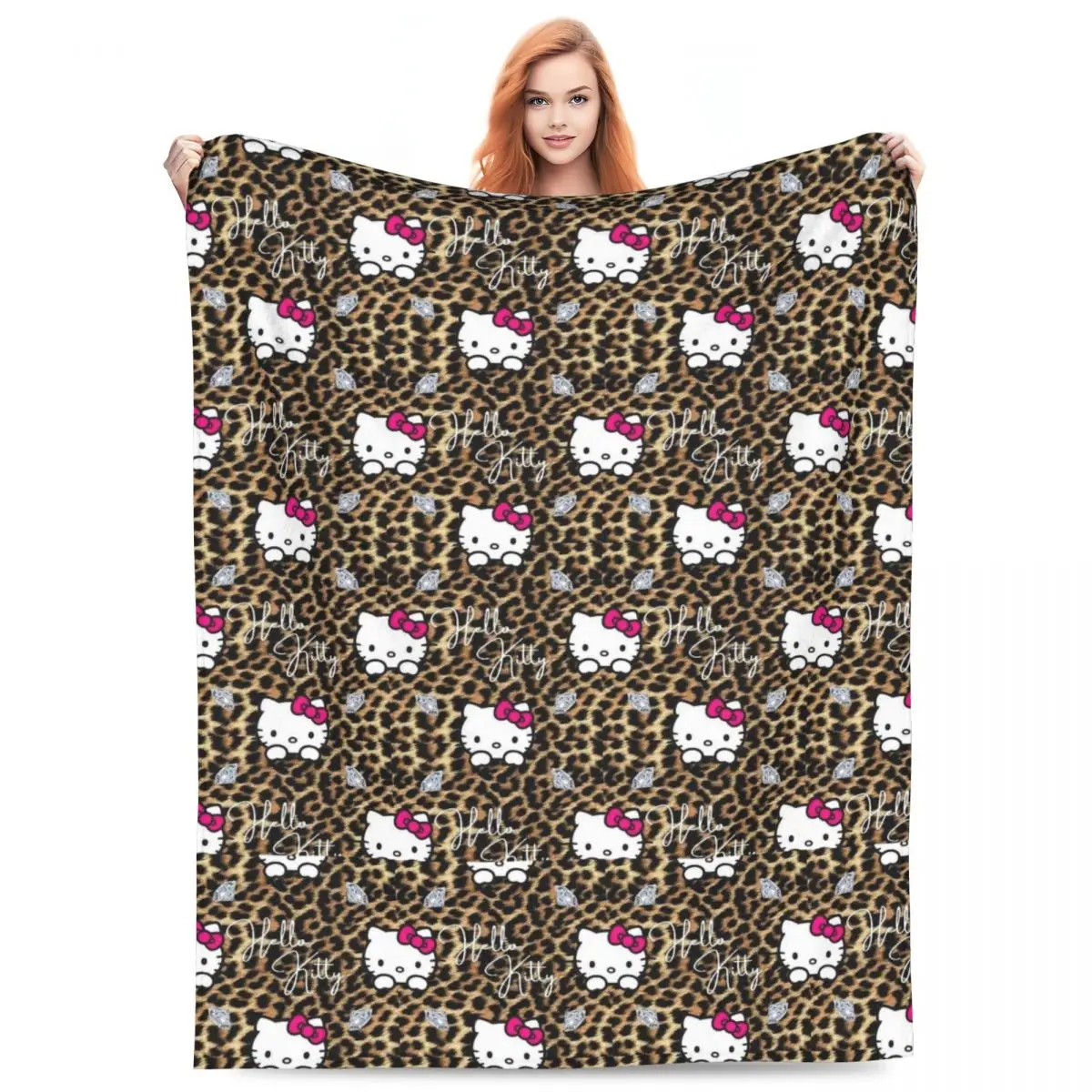 Hello Cheetah Kawaii Kitten With Diamonds Super Soft Blanket Plush Throw Blanket Halloween Couch Chair Flannel Sofa Bed Cover