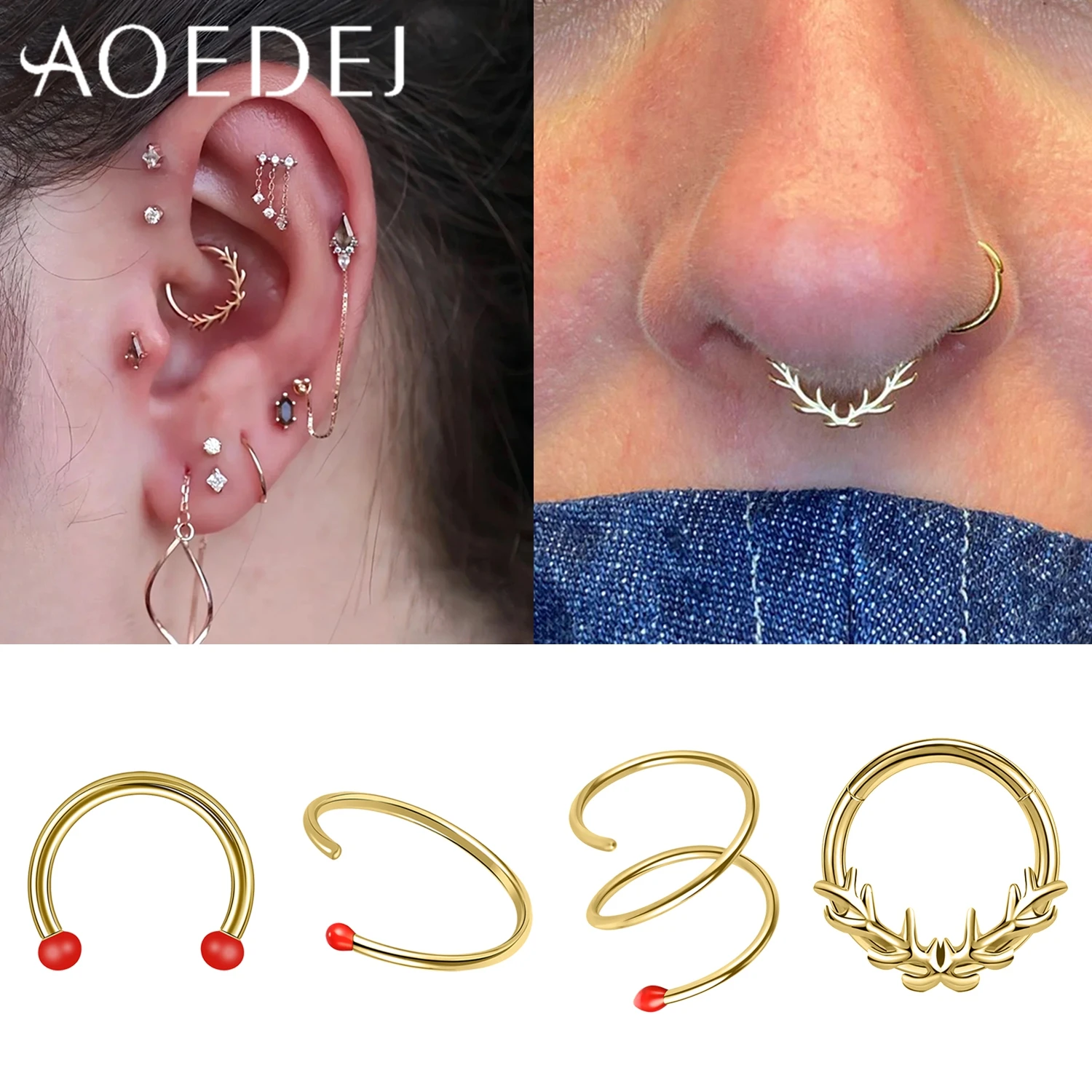 AOEDEJ 1 Piece Christmas Serie 16/20G Stainless Steel Septum Ring Match Antlers Shape Nose Rings Helix Cartilage Earring Jewelry