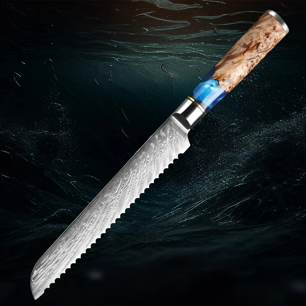 8Inch Bread Knife VG10 Steel Unique Blue Resin&Natural Wood Handle Slicing Bread Cake Knife With Beautiful Damascus Wave Pattern