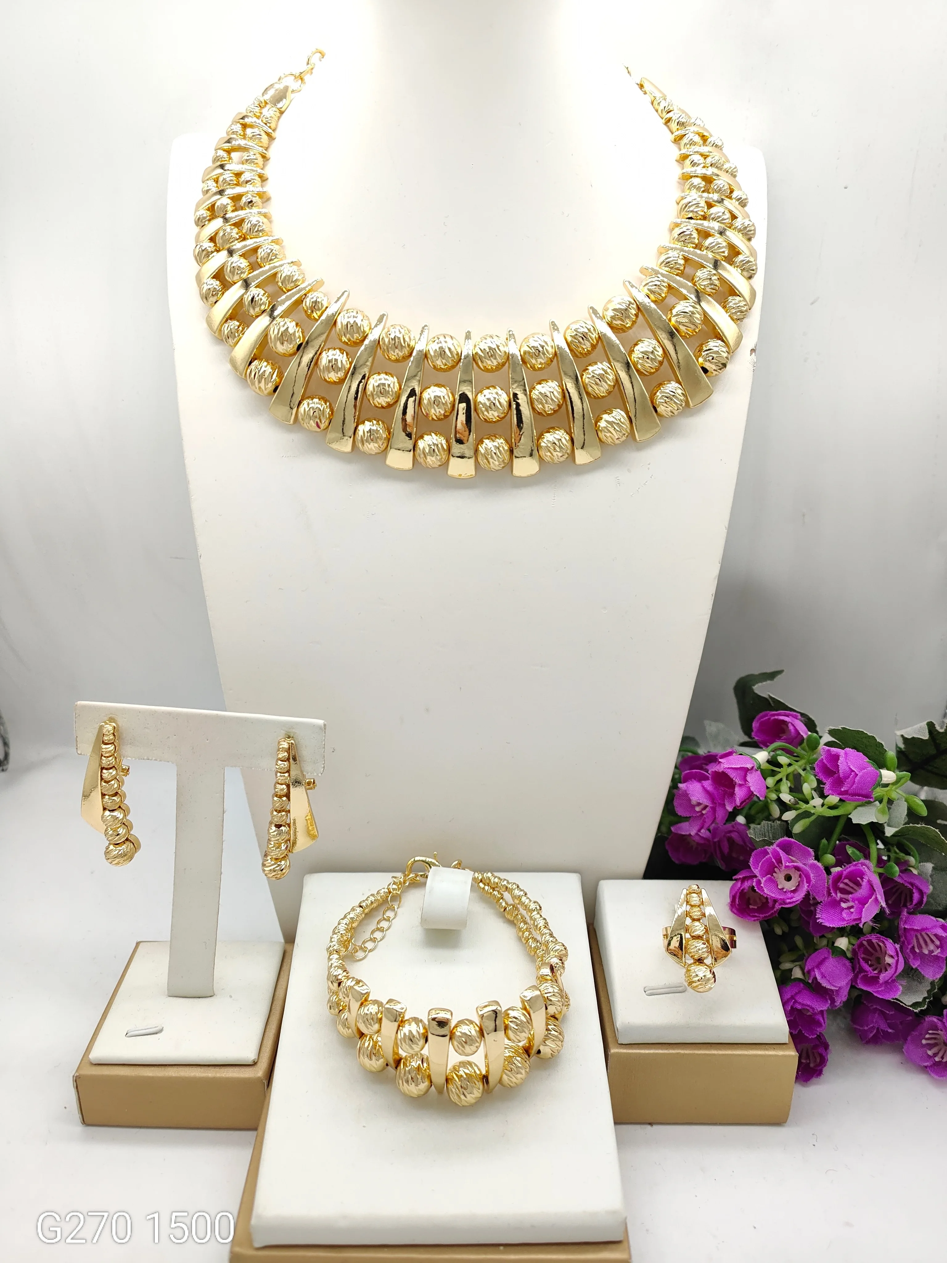 New In Tri-color Gold Silver Plated Statement Jewelry Set 4pcs Necklace Earrings Bracelet Ring for Women Party Wedding Hot Sale