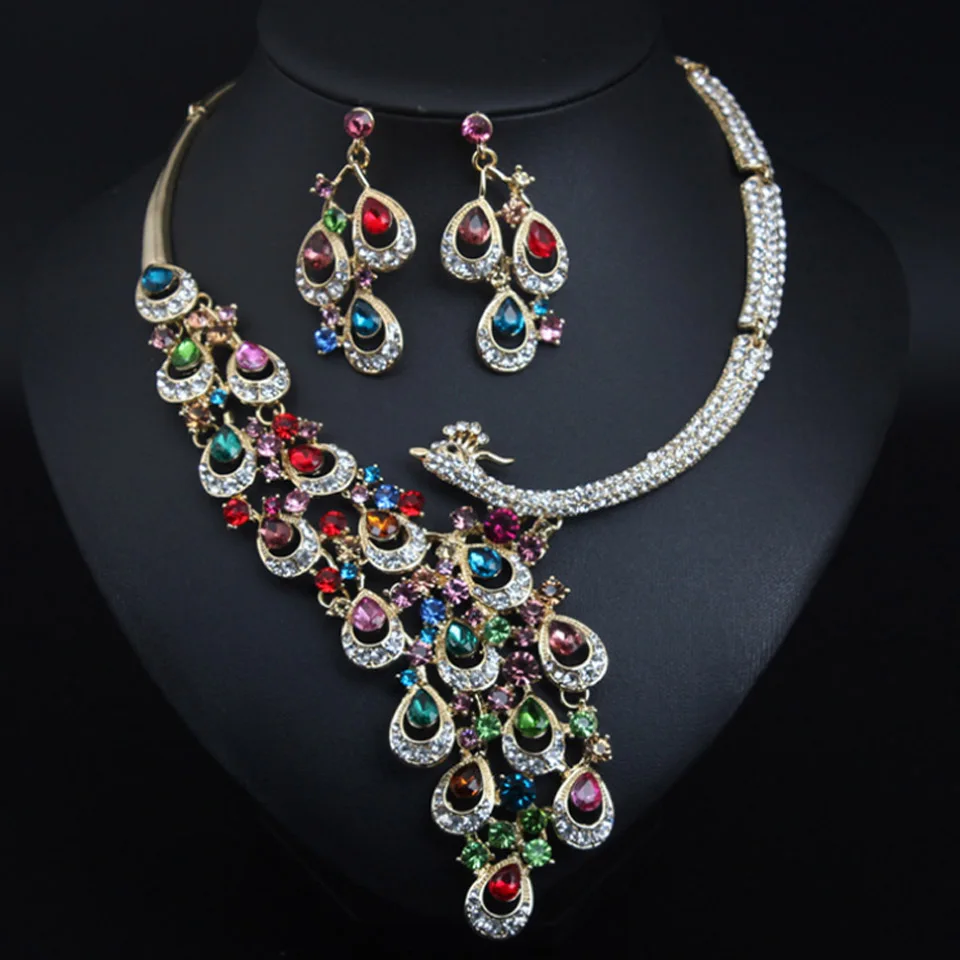 Zlxgirl Colorful Rhinestone Crystal Peacock shape women\'s wedding necklace earring jewelry set big brand Bridal neclace Ears