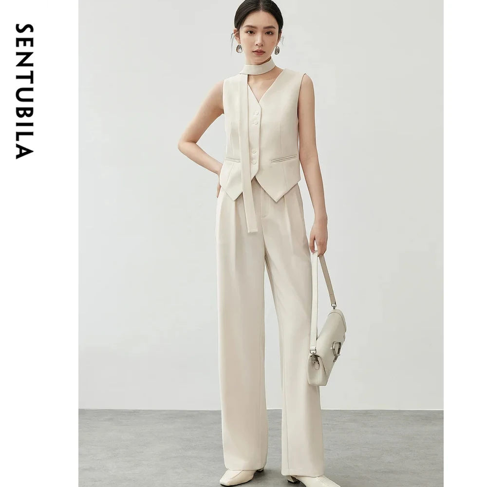 

SENTUBILA Office Wear 2 Piece Pant Sets Women Outfit 2025 Spring Ribbon Waistcoat and Dress Pants New in Matching Set 143Z55952