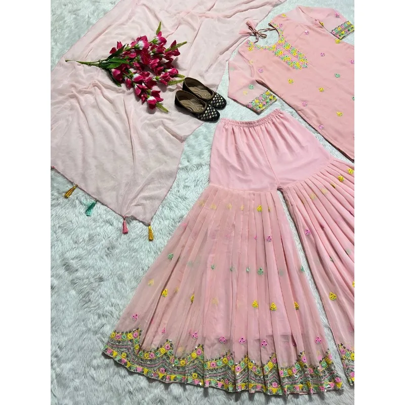 Pink Salwar Kameez Embroidered Decoration Retro Traditional Pakistan Set