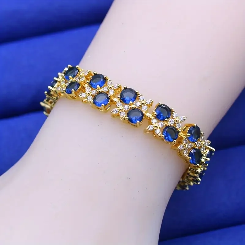Luxuriöses Vintage-Armband mit blauem Zirkonia, 18 Karat vergoldet, Schmuck für Frauen, perfekt für Hochzeiten, Partys, Valentinstagsgeschenk – Detail 1