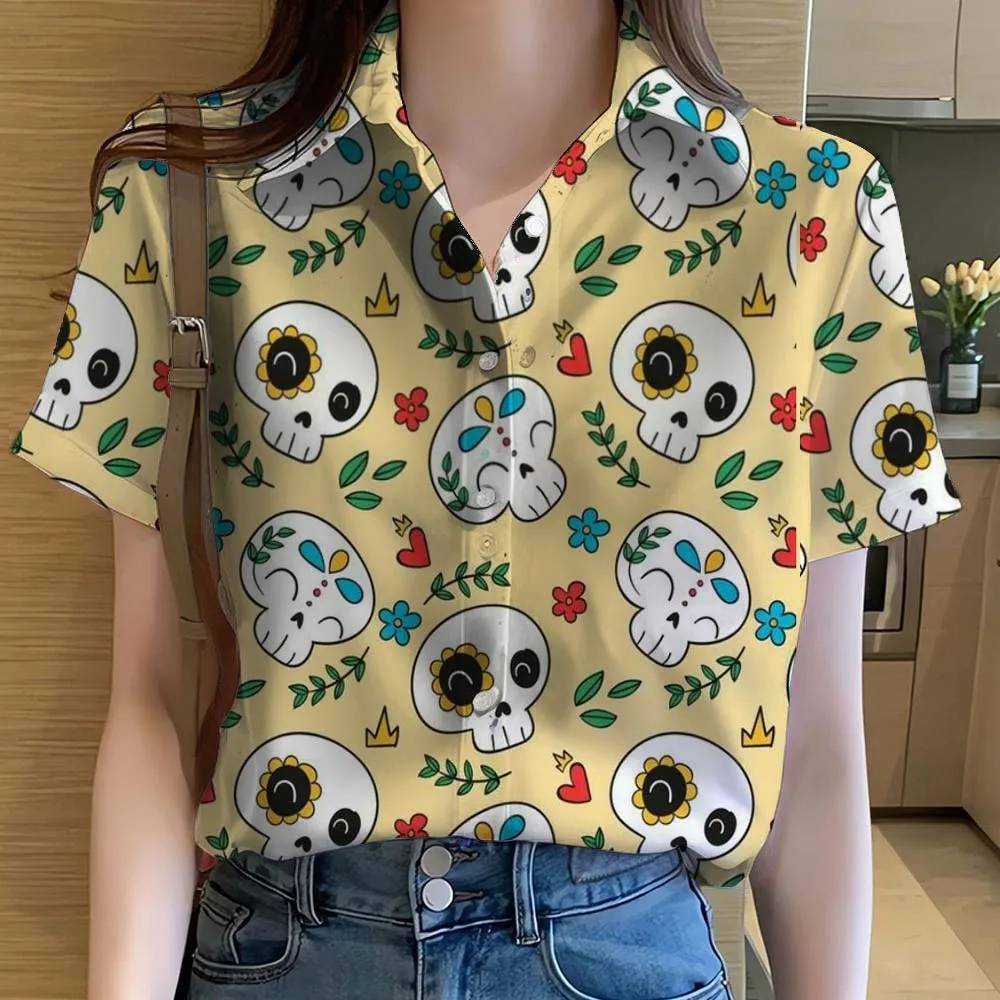 Cartoon Sugar Skull Mexican Day of the Dead Womens Shirts 3D Printed Tops Short Sleeve Button Shirt Summer y2k Women's Clothes