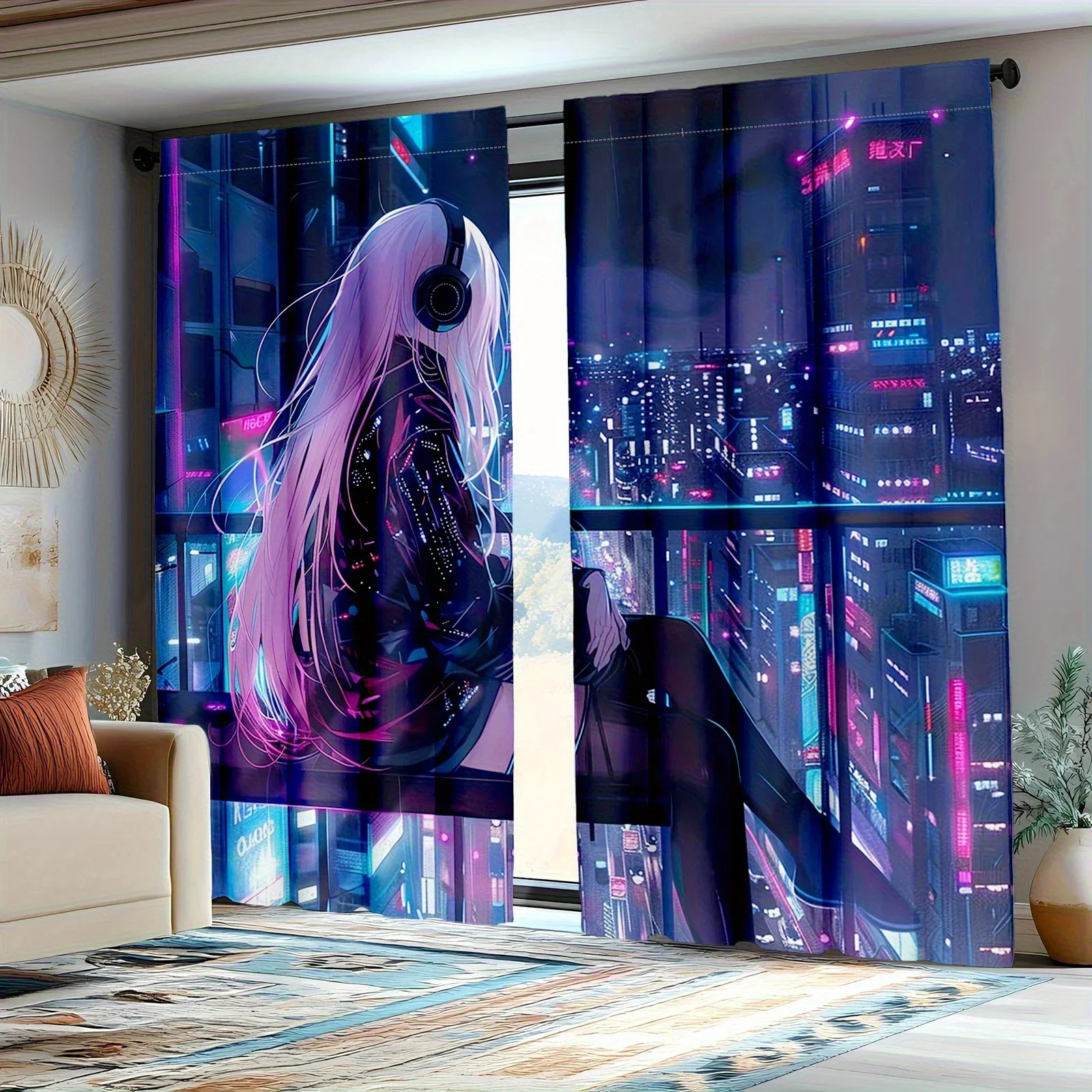 2pcs Room curtains Wearing futuristic Anime in costume in night cityscapesuitable for bedroom living room dining room 21.65x59/
