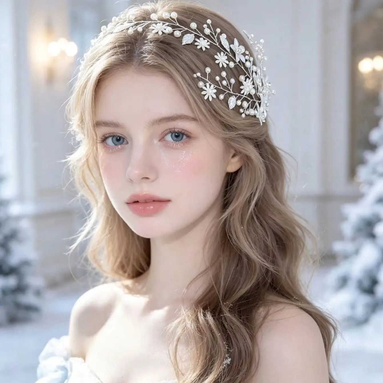 1 Piece of Silver Pearl Flower Branch Hairband, Elegant Bridal Wedding Accessories for Winter Ice and Snow Castles